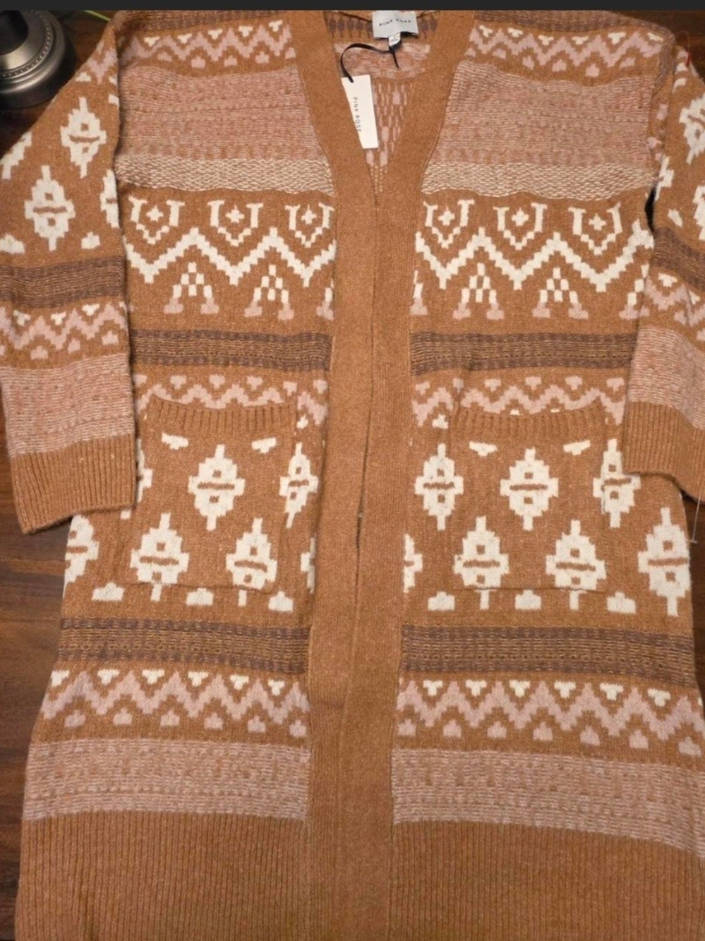 Pink Rose Geometric Fair Isle Long Knit Cardigan Sweater Size L